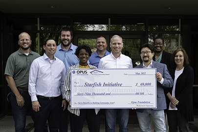 A group of smiling people stand outside of a building holding a big check.