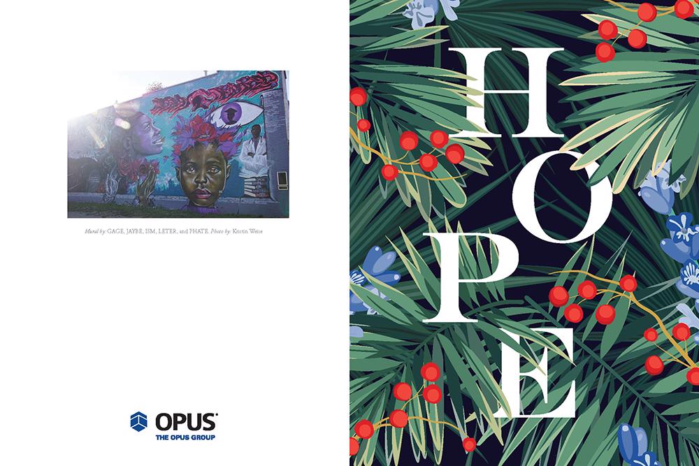 The Opus Group’s 2020 holiday card featuring the word ‘hope’ set amongst greenery, flowers and holly berries