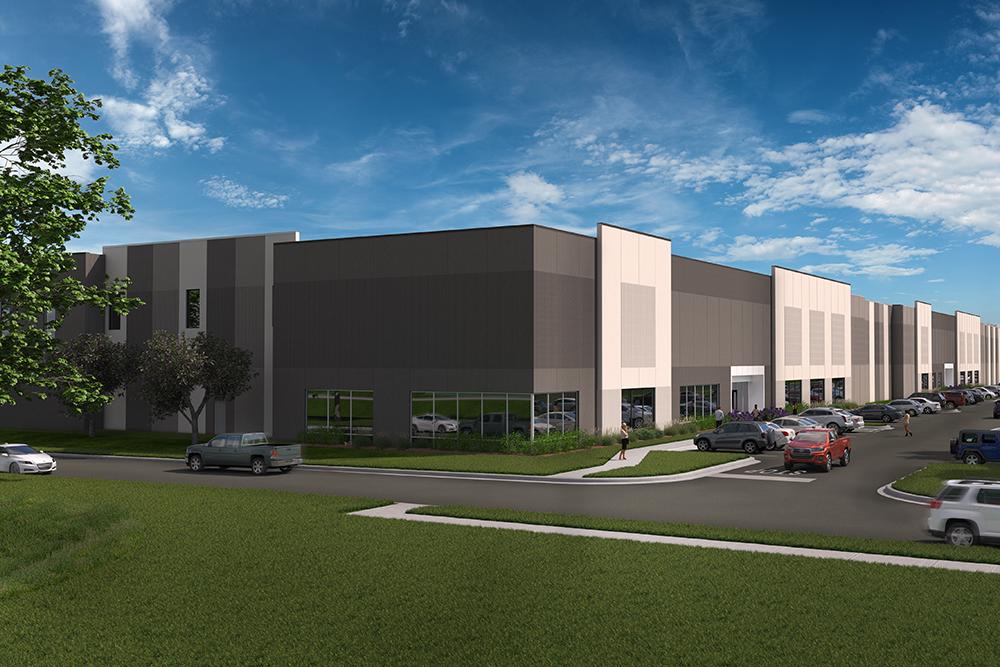 Rendering of the front of a multi-tenant speculative industrial building with multiple entrances and windows