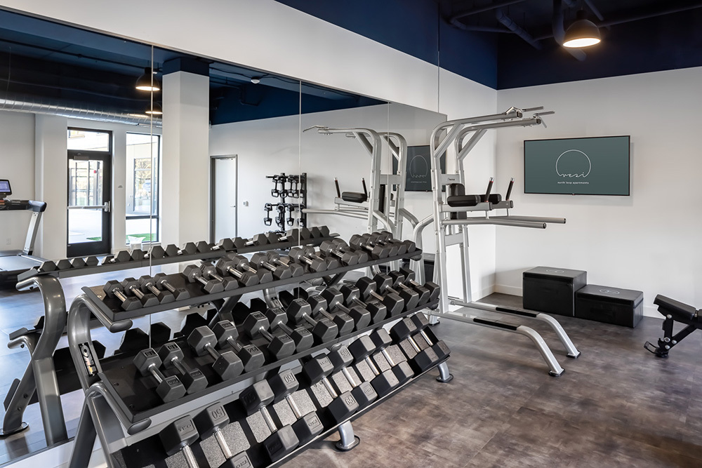 amenity free weights fitness center in Vesi apartment development