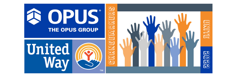 A graphic image with The Opus Group's logo and the United Way's logo with a graphic of colorful hands up in the air and Changemakers Unite.