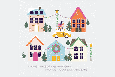 An illustration of five different houses in pastel colors decorated for winter holidays with wreaths, trees and lights.