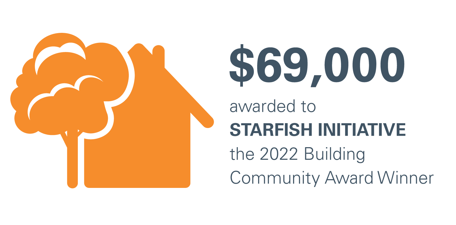 A graphic of an illustration with a house and a tree and the text $69,000 awarded to Starfish Initiative the 2022 Building Community Award Winner.