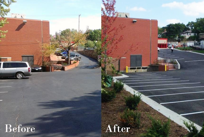 on left, before picture of parking lot in foreground and back of a building with tree and sidewalk along narrow parking lot area in background; on right, after picture showing tree behind building removed and sidewalk narrowed creating larger parking area