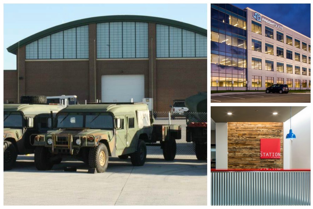 a large image of military vehicles in front of an institutional building on the left and two small images on the right with the top image of the exterior of an office building and the bottom image of the lobby of an apartment building