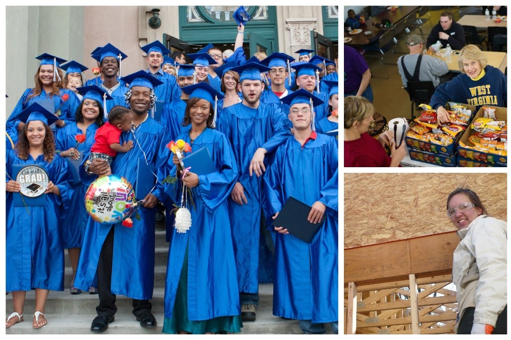 a large image on the left of a group of men and women in blue graduation caps and gowns and two small images on the right with the top image of a woman serving food and the bottom image of a woman in safety goggles in front of new construction
