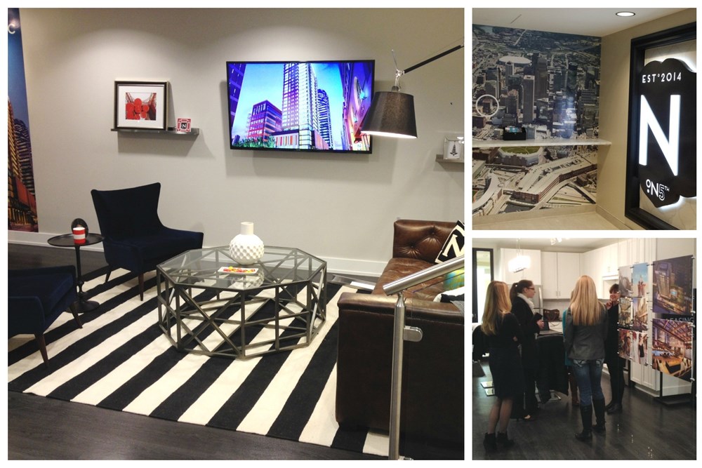 a large image on the left with a lobby of an apartment building with coffee table centered between chairs and a couch and two small images on the right with the top image of artwork and a sign and the bottom image of four women in an office