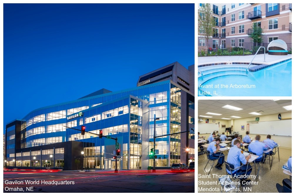 a large image of the exterior of an office building on the left and two small images on the right with the top image of the pool of an apartment building and the bottom image of students in a classroom in an institutional building
