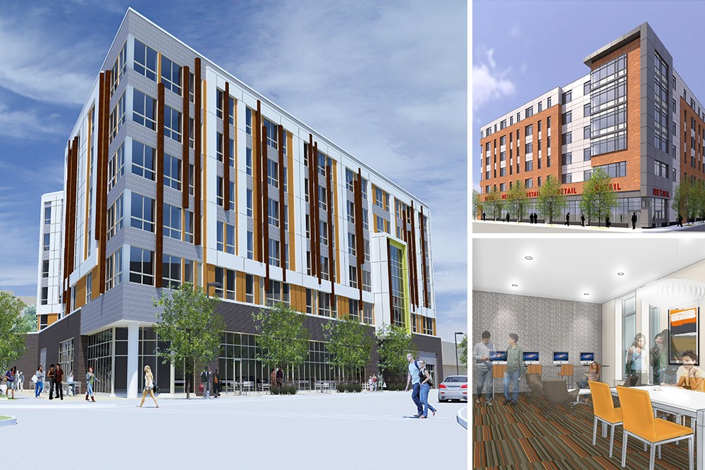 a large image on the left with a rendering of an apartment building and two small images on the right with the top image of the rendering of a mixed-use development and the bottom image of a rendering of a common area in an apartment building with tables 