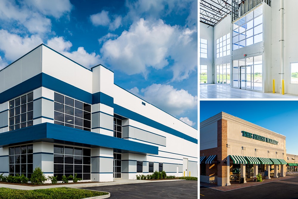 collage with exterior of industrial building's entrance on left side, interior of industrial builiding's entrance with almost floor-to-ceiling windows on top, right and exterior of The Fresh Market retail building on bottom, right