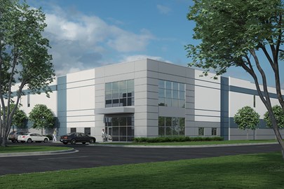 Rendering of the front, corner of an industrial building