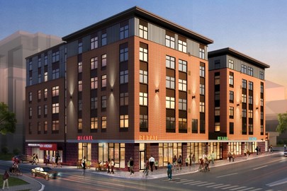 rendering of an apartment building with retail space at street level
