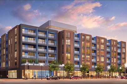 rendering of an apartment building with retail space at street level at sunset