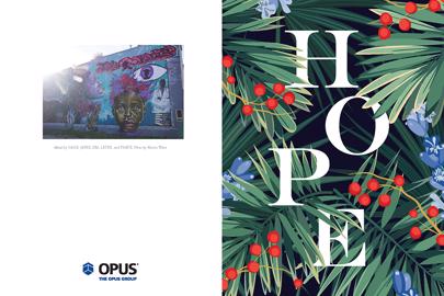 The Opus Group’s 2020 holiday card featuring the word ‘hope’ set amongst greenery, flowers and holly berries