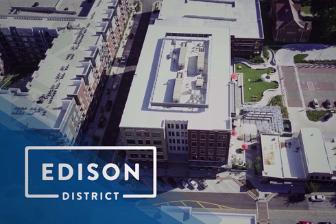 aerial of Edison District, a mixed-use development, in Overland Park, Kansas