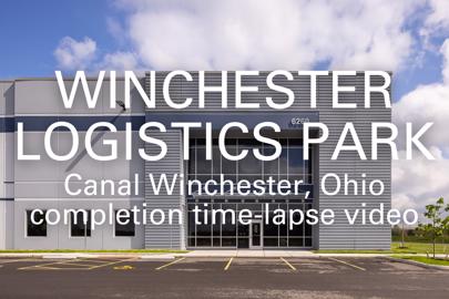 words "Winchester Logistics Park, Canal Winchester, Ohio, completion time-lapse video" written in foreground with exterior of industrial building in background