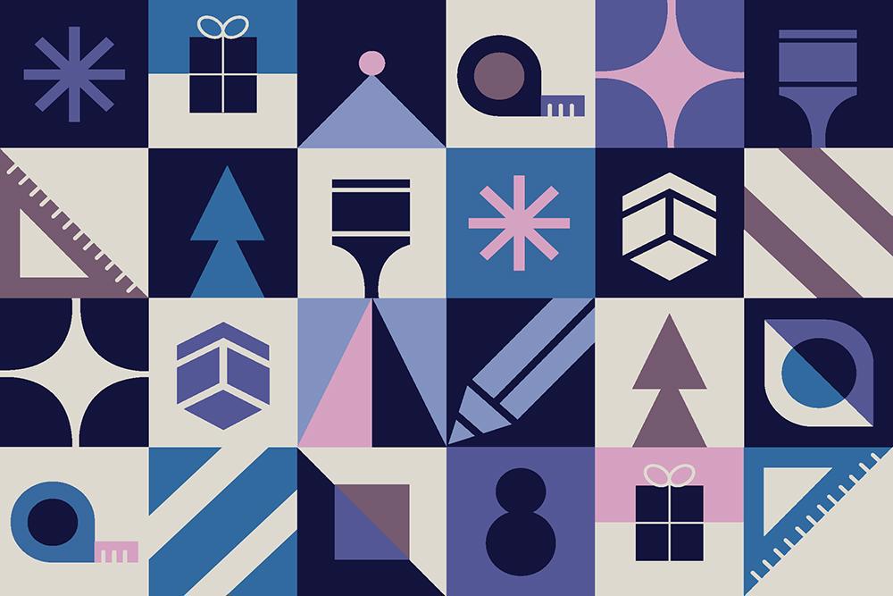 colorful squares with presents, trees, snowflakes, The Opus Group logo, pencil