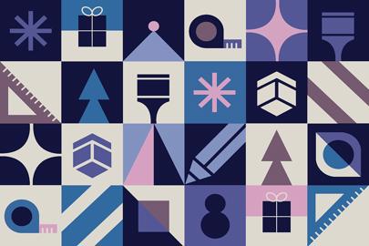 colorful squares with presents, trees, snowflakes, The Opus Group logo, pencil