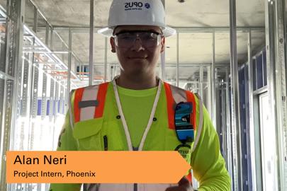 man wearing safety vest, safety glasses and hard hat with words "Alan Neri, Project Intern, Phoenix"  in bottom left corner