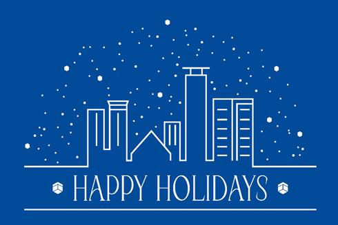 graphic with blue background and white outline of cityscape, snowflakes and words "Happy Holidays"