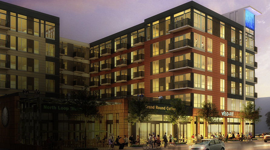 rendering of Velo Boutique Luxury Apartments with retail on street level at dusk