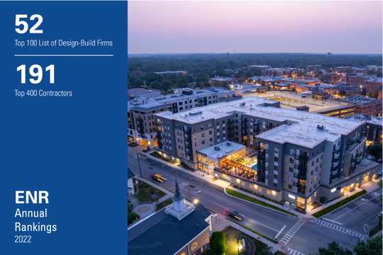 Words "ENR Annual Rankings 2022; 52 Top 100 List of Design-Build Firms; 191 Top 300 Contractors" with image of residential building