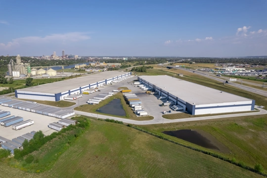 aerial view of industrial buildings