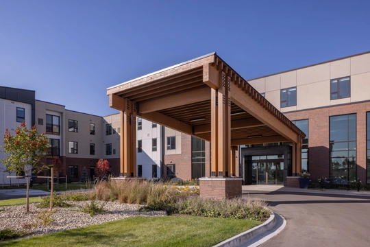 exterior entrance of residential, senior living development