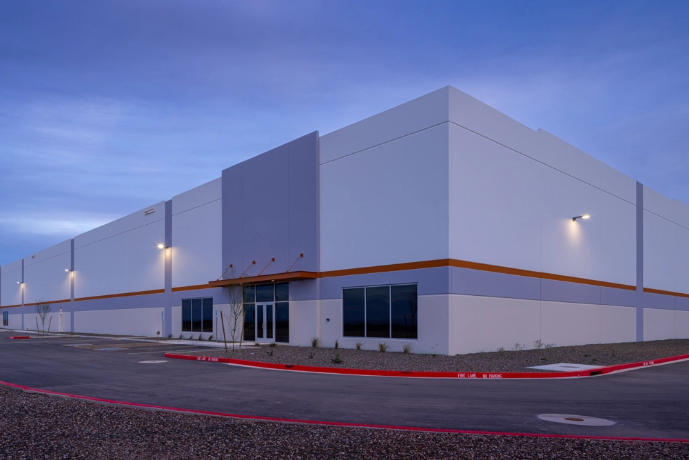 exterior of industrial building at dusk