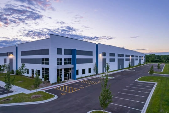 exterior of industrial building at sunset