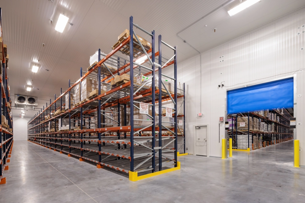 shelving in an industrial building's warehouse