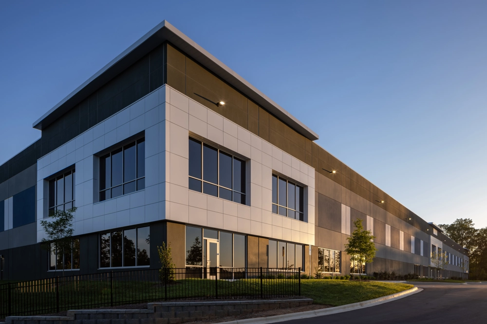 exterior of industrial building at sunset