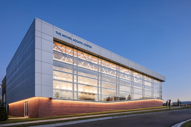 exterior of aquatic center at sunset