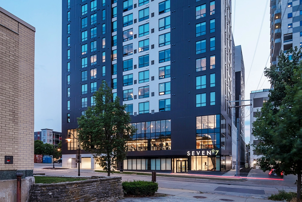 exterior of Seven07 U of I Student Living Development in Illinois