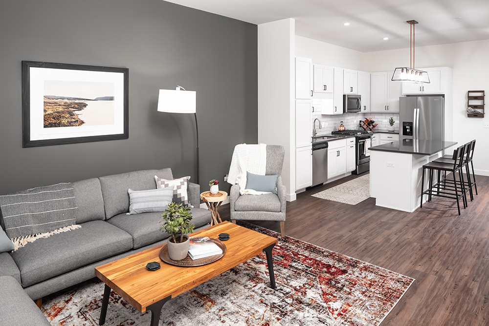 The Marke of Elmhurst Luxury Multifamily Model Unit Living Room developed by Opus