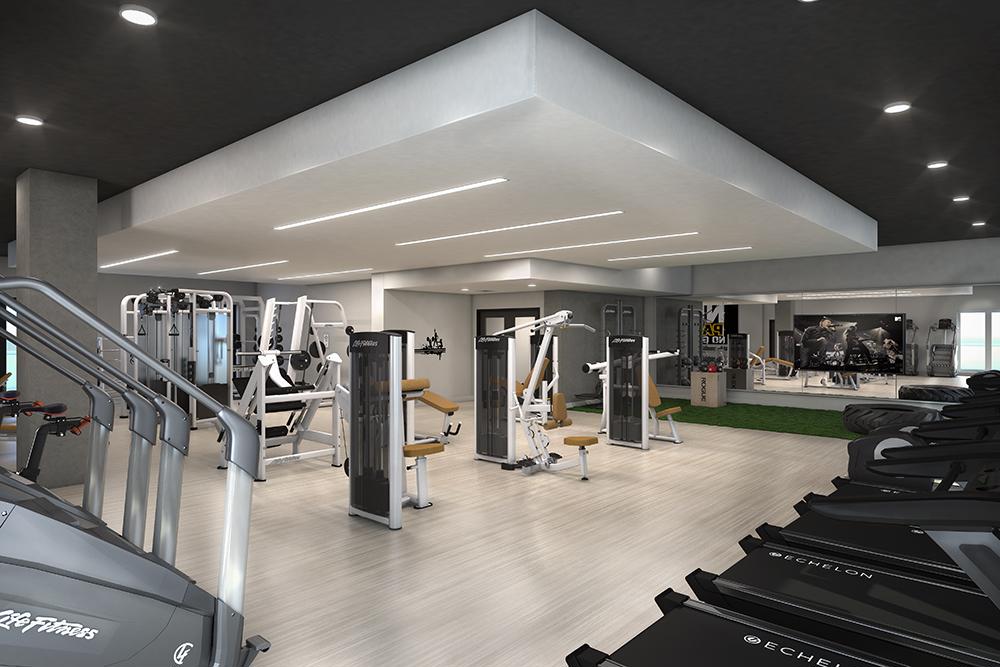 rendering of fitness center in an apartment building showing exercise equipment