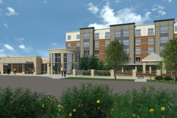 rendering of the exterior of a senior living center with the parking lot and flowering bushes in the foreground