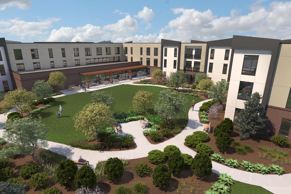 Rendering of the exterior courtyard of Cadence Broomfield Senior Living by The Opus Group