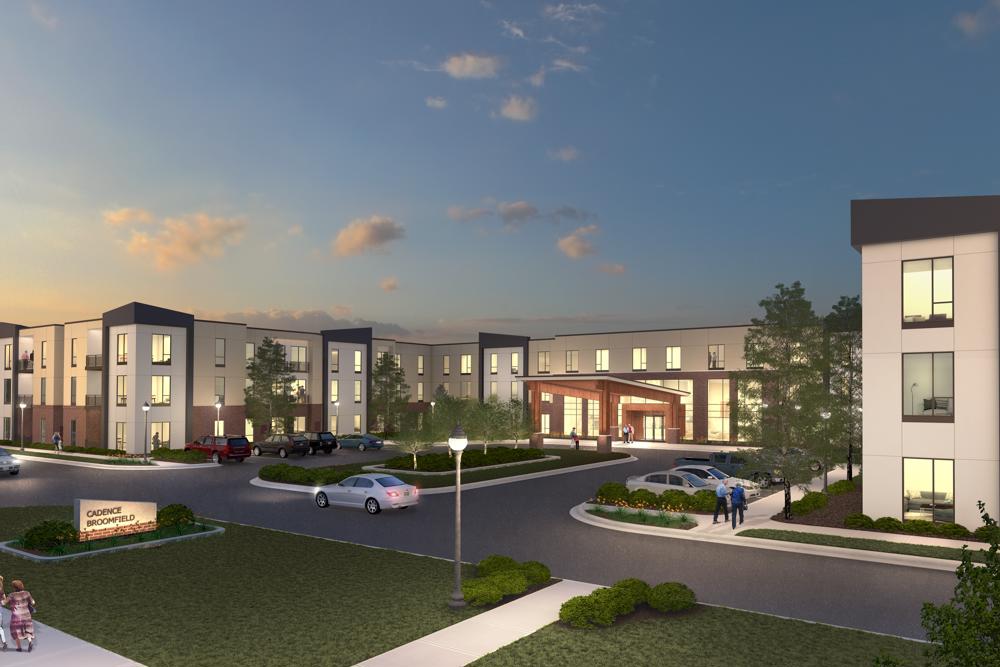 Dusk rendering of the front entry of Cadence Broomfield Senior Living by The Opus Group
