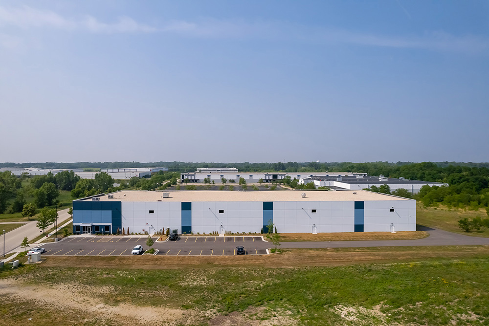aerial view of front of industrial building
