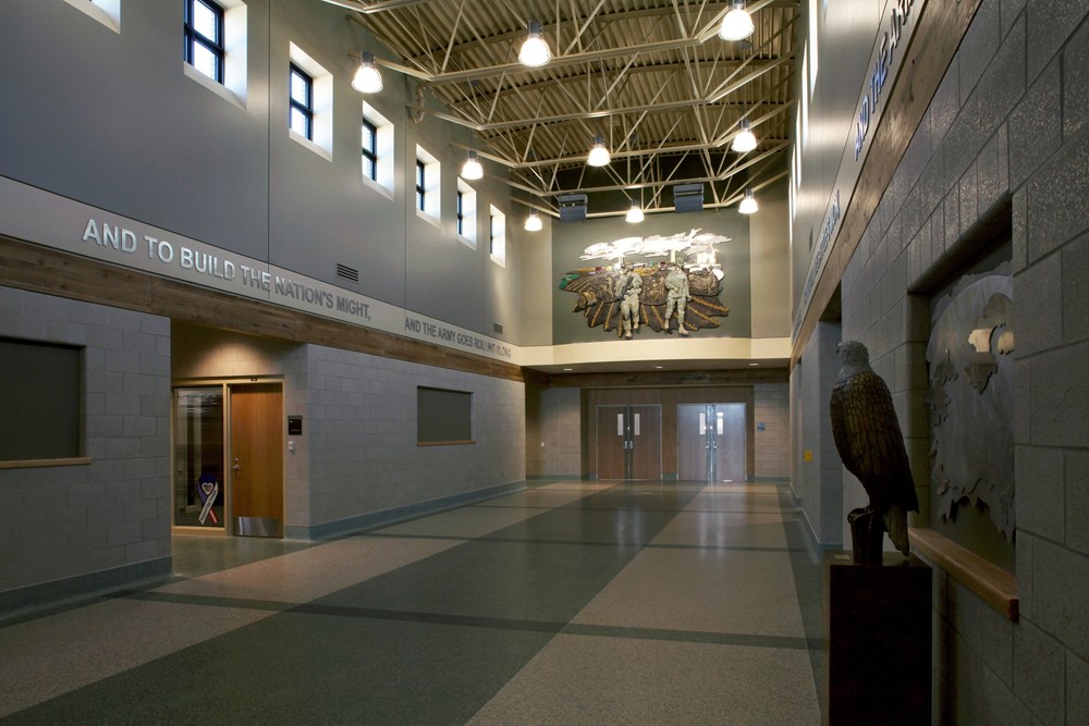 Iowa Army National Guard AFRC Complex in Cedar Rapids, Iowa features a patriotic interior design by Opus AE Group.