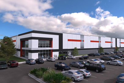 Rendering of a large industrial building at Liberty Heartland Logistics Center in Liberty, MO