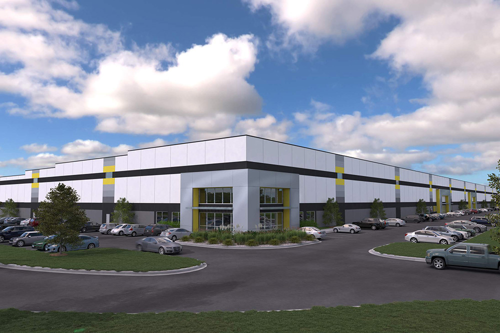 Rendering of a large industrial building at Liberty Heartland Logistics Center in Liberty, MO