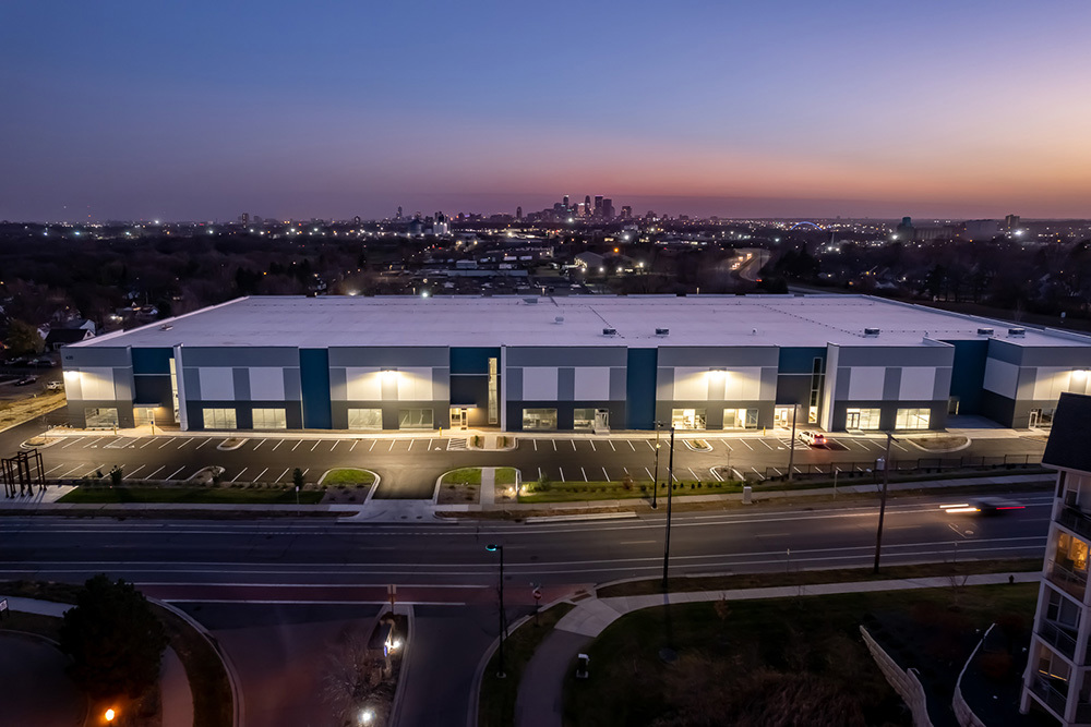 aerial view of a speculative industrial building at dusk