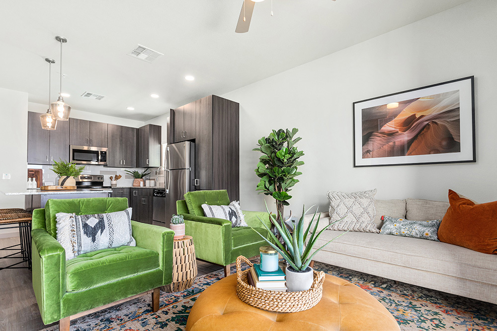 model unit living room of Paradise Multifamily at P83 in Arizona