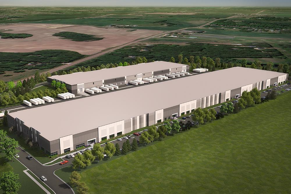 Rendering of an overhead view of two speculative industrial buildings; one building is twice as big as the other