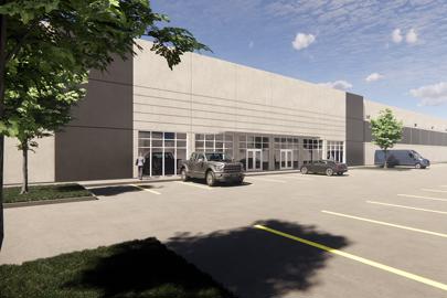 rendering of an entrance to an industrial building with parking lot in foreground
