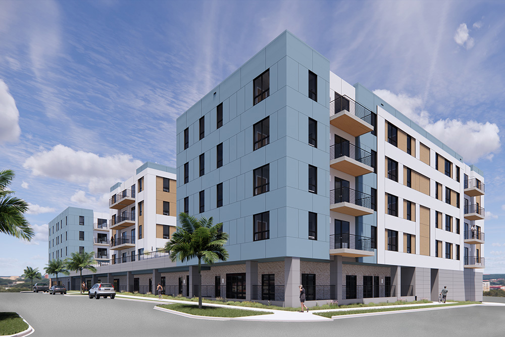Rendering of the front, corner of a multifamily apartment building