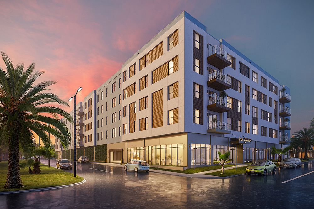 Rendering of the front, corner of a multifamily apartment building at sunset