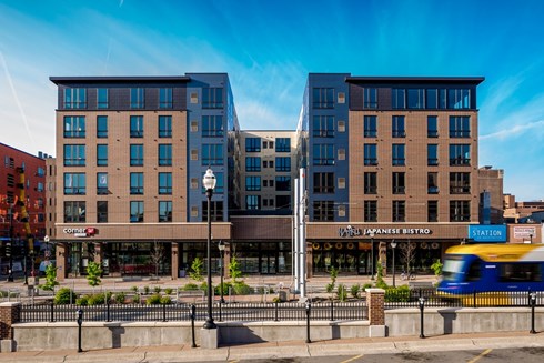 Final exterior image of The Station on Washington Student Housing Development in Minneapolis